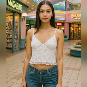 Medium White Lace Babydoll Cropped Cami Y2k Fairycore Romantic Coquette